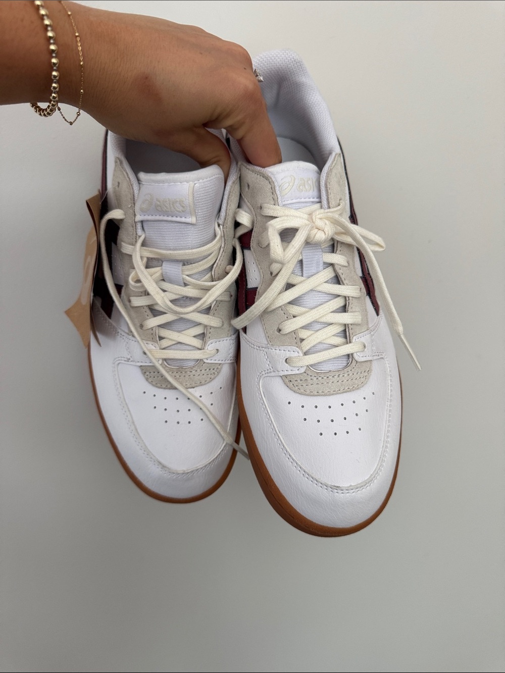 Men’s ASICS White Sneakers with Burgundy Stripes and Gum Sole - Picture 4 of 6